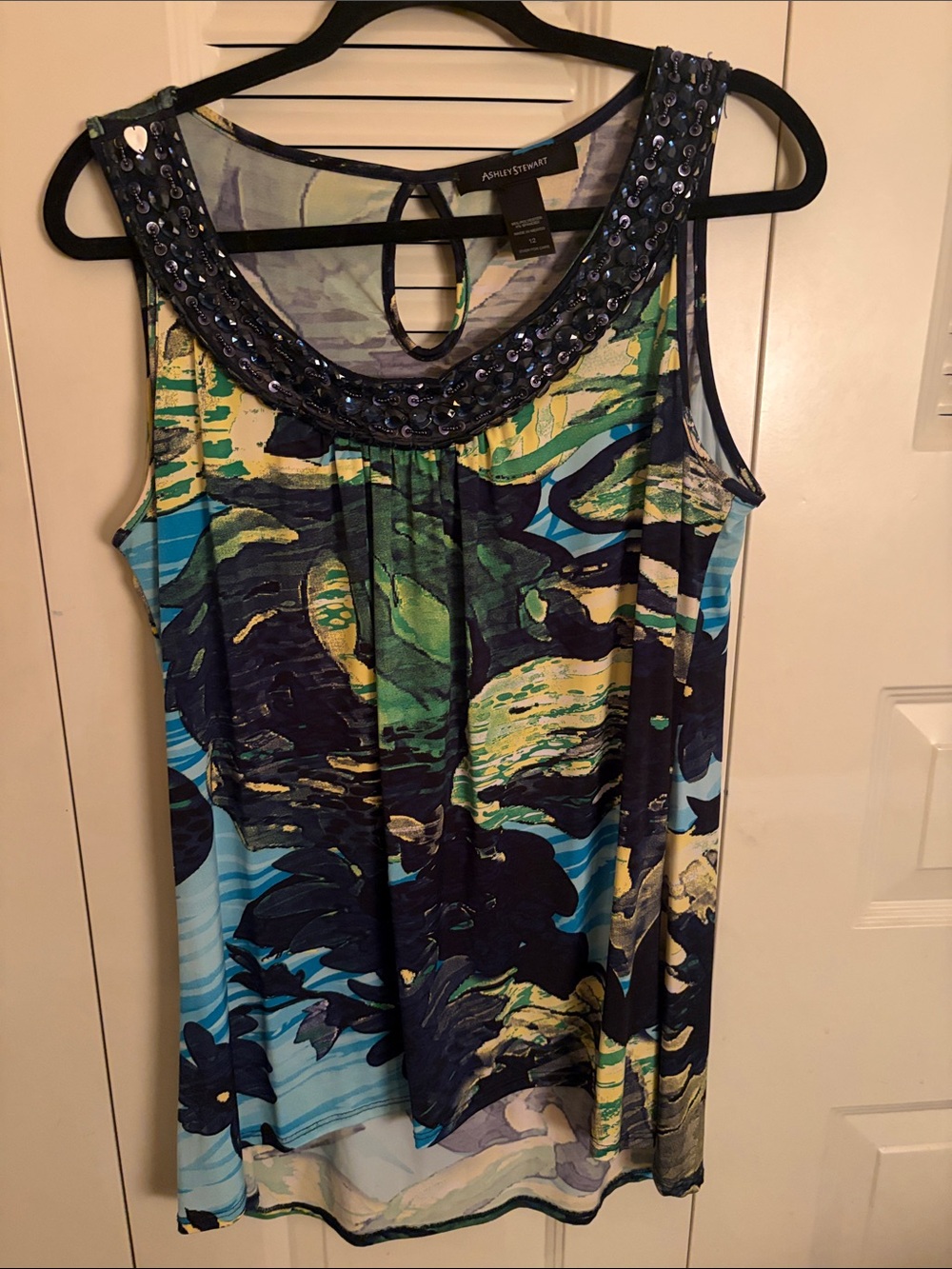 Ashley Stewart Sequin-Trim Floral Print Sleeveless Top - Blue Green